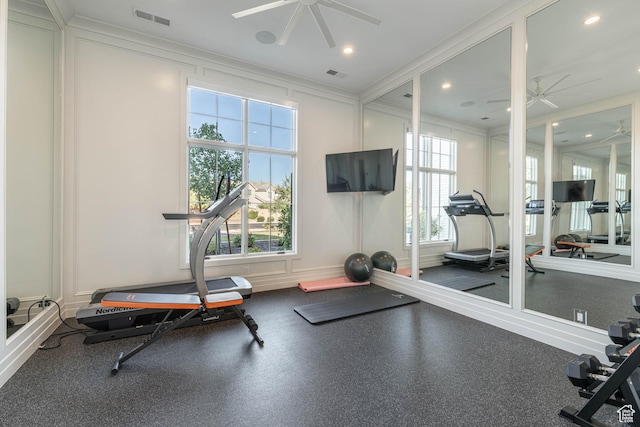 2916 S 300 E, Washington, UT 84780 - workout area with a ceiling fan, ornamental molding, plenty of natural light, and recessed lighting