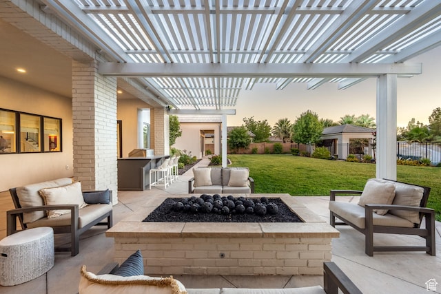 2916 S 300 E, Washington, UT 84780 - patio terrace at dusk with a patio area, an outdoor living space with a fire pit, and a pergola