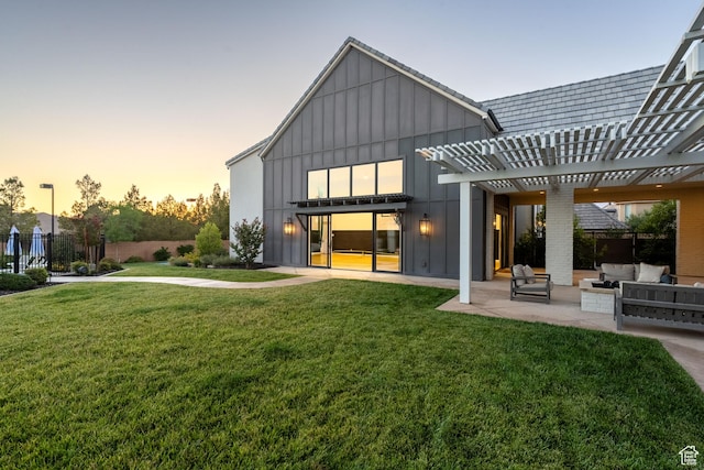 2916 S 300 E, Washington, UT 84780 - back of property at dusk featuring an outdoor living space, board and batten siding, a patio, and a pergola