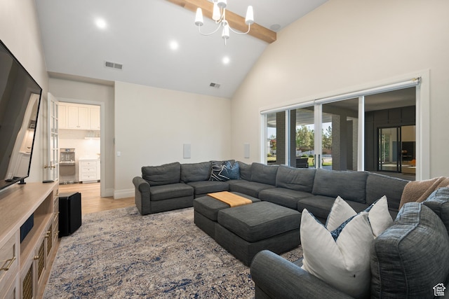2916 S 300 E, Washington, UT 84780 - living room with high vaulted ceiling, light wood finished floors, beam ceiling, recessed lighting, and a chandelier