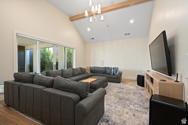 2916 S 300 E, Washington, UT 84780 - living room with beamed ceiling, wood finished floors, high vaulted ceiling, and a chandelier