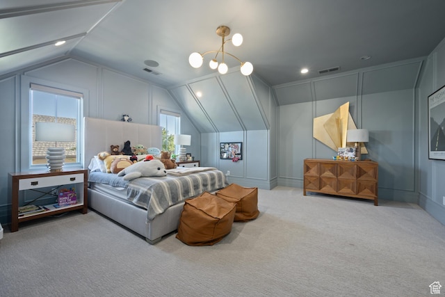 2916 S 300 E, Washington, UT 84780 - carpeted bedroom with a decorative wall, vaulted ceiling, recessed lighting, and a chandelier