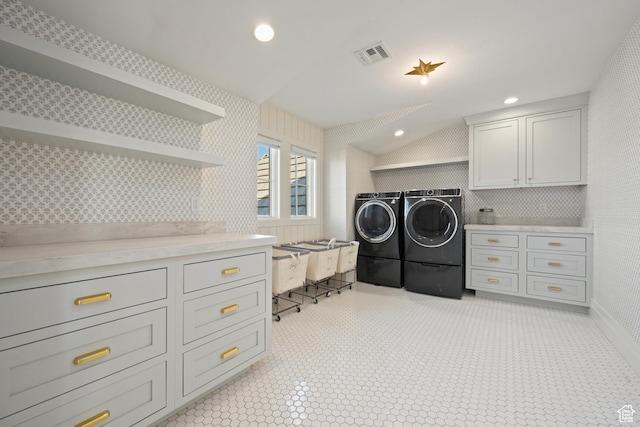 2916 S 300 E, Washington, UT 84780 - laundry room with washer and clothes dryer, cabinet space, recessed lighting, and wallpapered walls