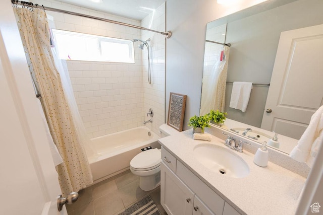 7390 N Pawnee Rd, Eagle Mountain, UT 84005 - full bathroom featuring shower / bathtub combination with curtain, vanity, and tile patterned flooring