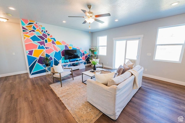 7390 N Pawnee Rd, Eagle Mountain, UT 84005 - living room featuring wood finished floors, a ceiling fan, recessed lighting, and a textured ceiling