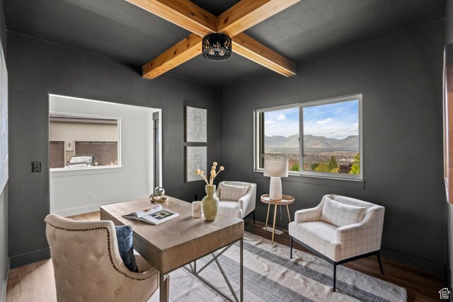 3873 E S Pass Cv, Eagle Mountain, UT 84005 - office area with beamed ceiling, wood finished floors, and a mountain view