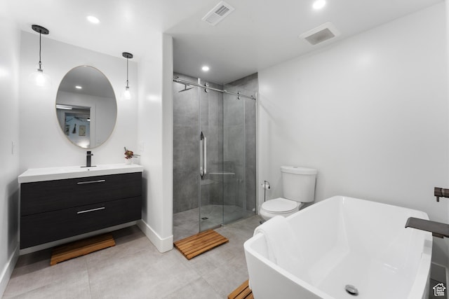 4974 W Diamondback Dr, Riverton, UT 84096 - bathroom featuring vanity, a stall shower, a soaking tub, and recessed lighting