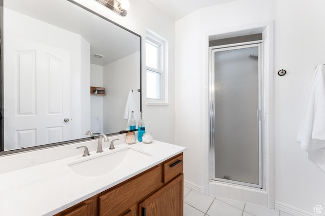 4974 W Diamondback Dr, Riverton, UT 84096 - bathroom featuring vanity, a shower stall, and tile patterned floors