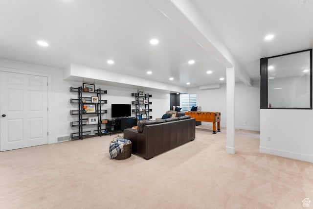 4974 W Diamondback Dr, Riverton, UT 84096 - living room featuring light colored carpet, recessed lighting, and a wall mounted AC
