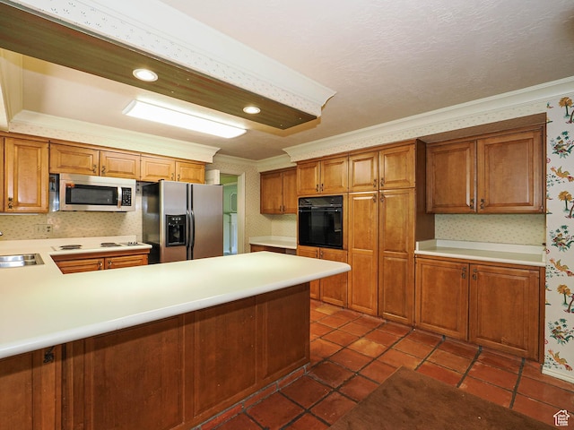 4893 S Regency St, Holladay, UT 84117 - kitchen featuring stainless steel appliances, wallpapered walls, crown molding, light countertops, and brown cabinets
