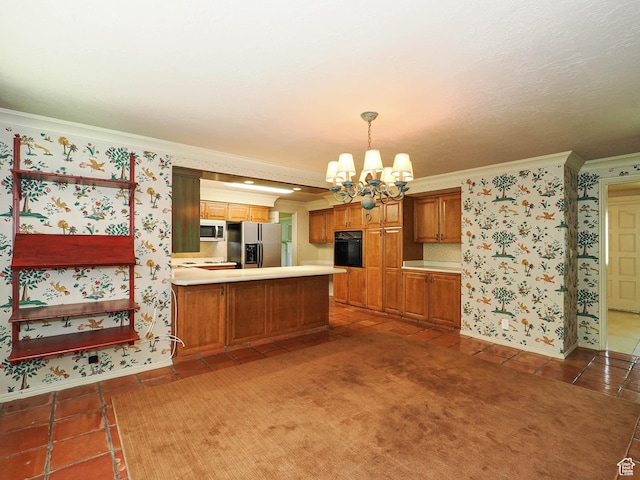 4893 S Regency St, Holladay, UT 84117 - kitchen with stainless steel fridge with ice dispenser, black oven, ornamental molding, a chandelier, and tile patterned flooring