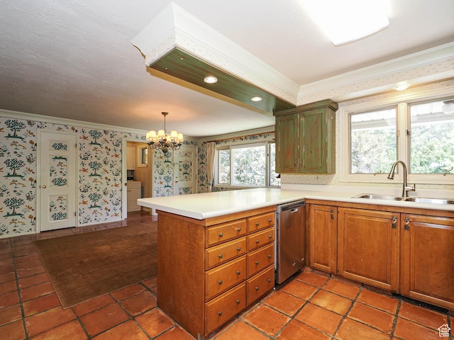 4893 S Regency St, Holladay, UT 84117 - kitchen featuring stainless steel dishwasher, ornamental molding, a peninsula, a chandelier, and wallpapered walls