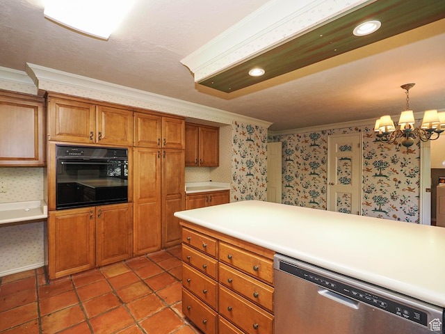 4893 S Regency St, Holladay, UT 84117 - kitchen with oven, dishwasher, crown molding, wallpapered walls, and a chandelier