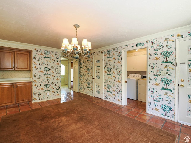 4893 S Regency St, Holladay, UT 84117 - unfurnished dining area featuring ornamental molding, tile patterned flooring, a chandelier, separate washer and dryer, and wallpapered walls