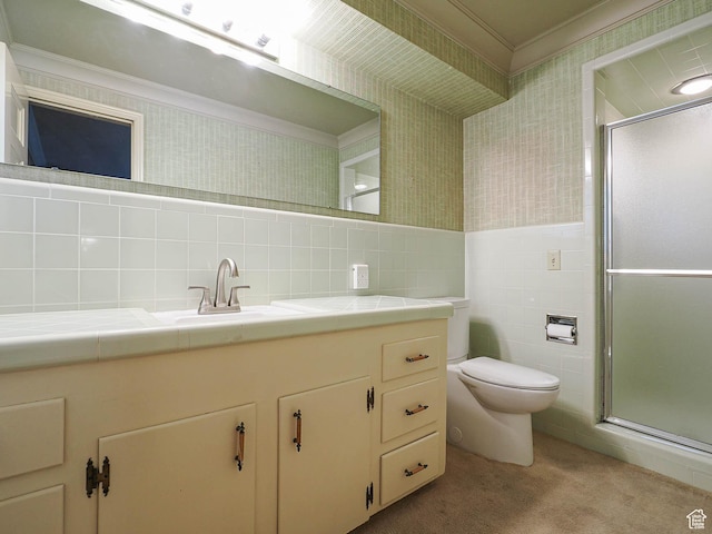 4893 S Regency St, Holladay, UT 84117 - full bath featuring ornamental molding, tile walls, a stall shower, vanity, and backsplash