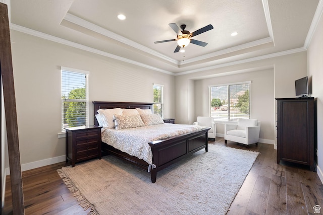 13571 S Meadow Heights Ln, Draper, UT 84020 - bedroom with a tray ceiling, multiple windows, hardwood / wood-style floors, crown molding, and recessed lighting