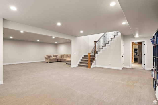 13571 S Meadow Heights Ln, Draper, UT 84020 - unfurnished living room featuring light carpet, stairs, and recessed lighting