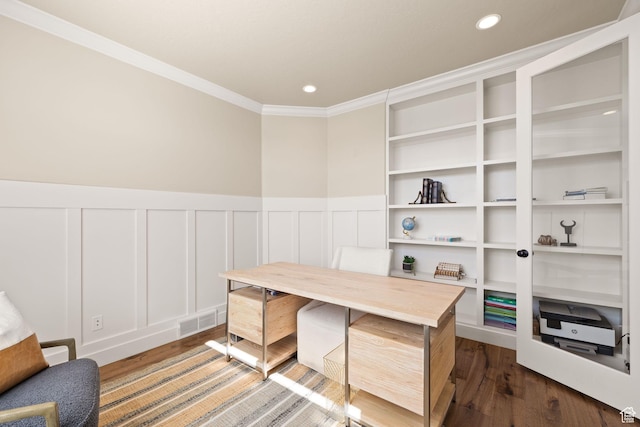 13571 S Meadow Heights Ln, Draper, UT 84020 - office area featuring a decorative wall, wood finished floors, ornamental molding, a wainscoted wall, and recessed lighting
