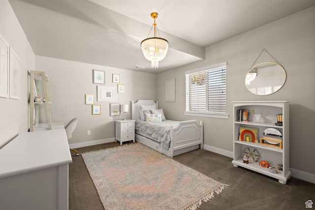 13571 S Meadow Heights Ln, Draper, UT 84020 - bedroom featuring dark carpet and a chandelier
