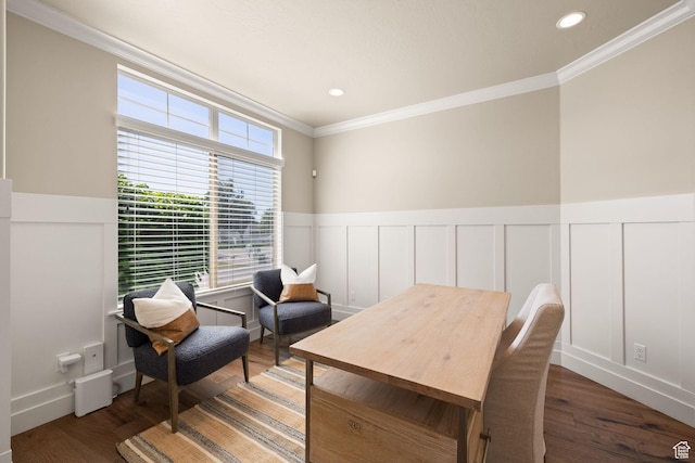 13571 S Meadow Heights Ln, Draper, UT 84020 - living area featuring crown molding, a decorative wall, wainscoting, wood finished floors, and recessed lighting