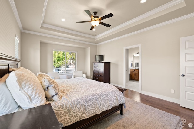 13571 S Meadow Heights Ln, Draper, UT 84020 - bedroom featuring a tray ceiling, crown molding, wood finished floors, ensuite bathroom, and recessed lighting