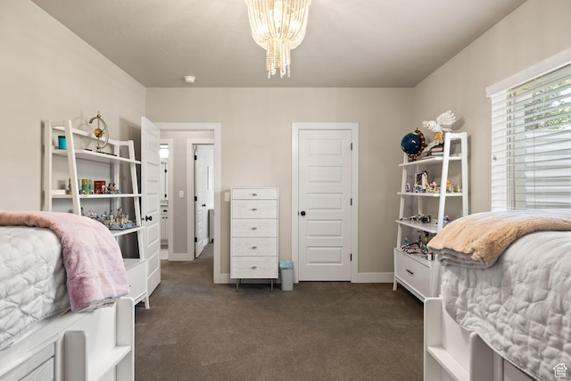 13571 S Meadow Heights Ln, Draper, UT 84020 - bedroom with dark carpet and a chandelier