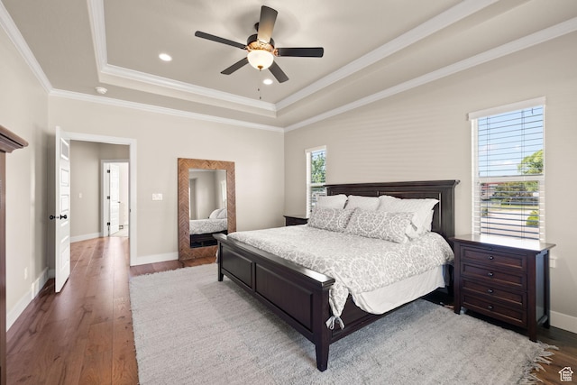 13571 S Meadow Heights Ln, Draper, UT 84020 - bedroom with a tray ceiling, hardwood / wood-style floors, crown molding, a ceiling fan, and recessed lighting