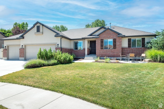 552 E Sunset Stream Way, Draper, UT 84020 - ranch-style home with a garage, a front lawn, concrete driveway, brick siding, and stucco siding