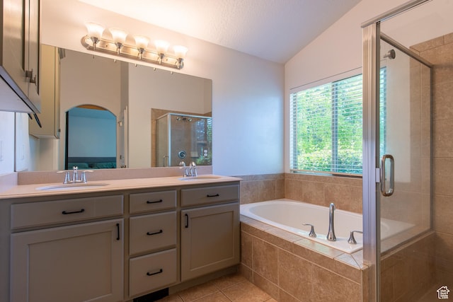 552 E Sunset Stream Way, Draper, UT 84020 - bathroom featuring a stall shower, double vanity, a bath, tile patterned floors, and lofted ceiling
