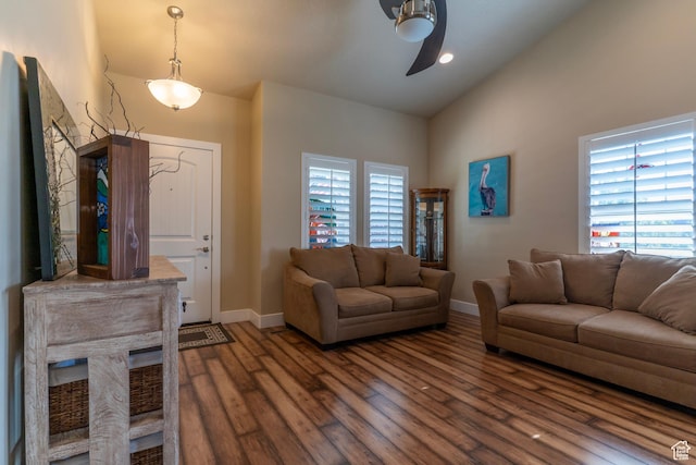 10296 S Salmon Dr, South Jordan, UT 84095 - living room featuring ceiling fan, wood finished floors, and high vaulted ceiling
