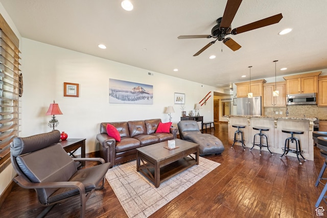 9855 Vista Dr Unit 103, Heber City, UT 84032 - living area featuring a ceiling fan, dark wood-style floors, and recessed lighting