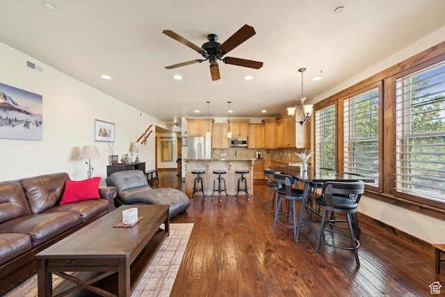 9855 Vista Dr Unit 103, Heber City, UT 84032 - living room with dark wood finished floors, ceiling fan, and recessed lighting