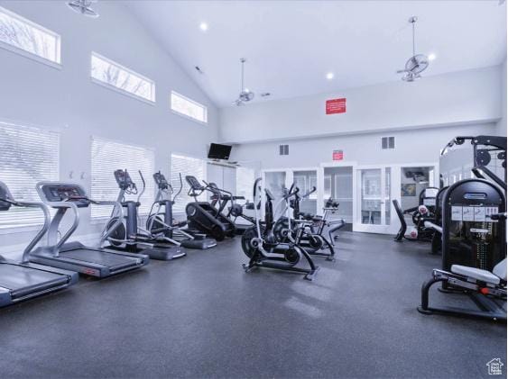 3794 W Angelica Ct, South Jordan, UT 84095 - workout area featuring plenty of natural light, high vaulted ceiling, and recessed lighting