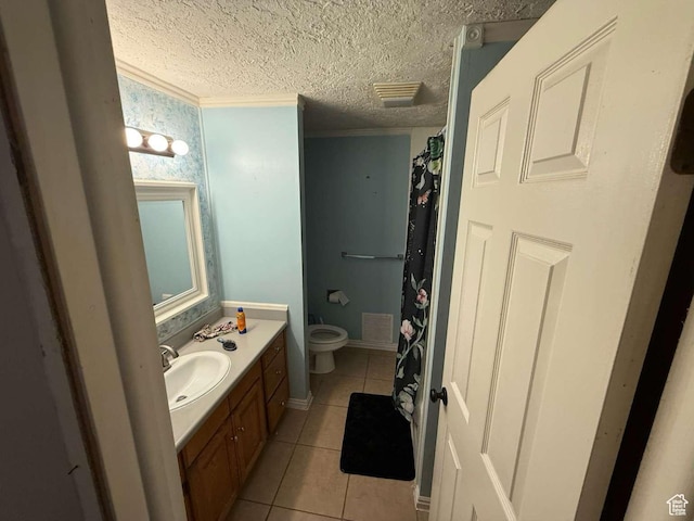 1012 W 3550 N, Pleasant View, UT 84414 - full bath featuring tile patterned floors, vanity, a textured ceiling, ornamental molding, and a shower with curtain
