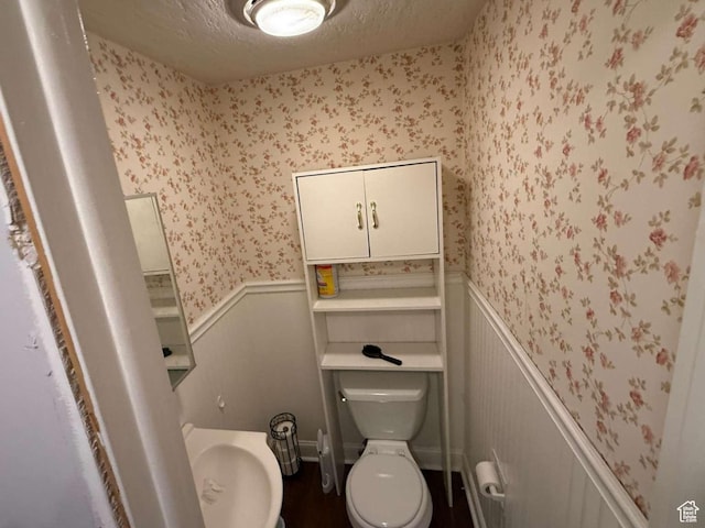 1012 W 3550 N, Pleasant View, UT 84414 - half bath with wallpapered walls, a wainscoted wall, and a textured ceiling