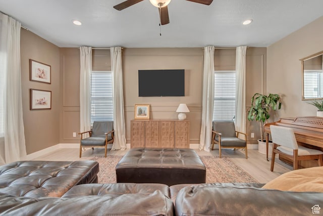4913 E Golden Meadow Xing, Eagle Mountain, UT 84005 - living room with light wood-style floors, ceiling fan, and recessed lighting