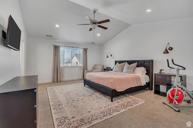 4913 E Golden Meadow Xing, Eagle Mountain, UT 84005 - bedroom featuring light carpet, vaulted ceiling, recessed lighting, and a ceiling fan