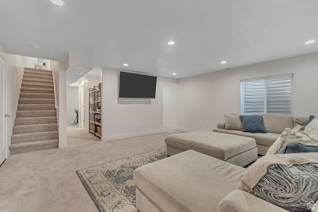 4913 E Golden Meadow Xing, Eagle Mountain, UT 84005 - living area with stairway, light carpet, and recessed lighting