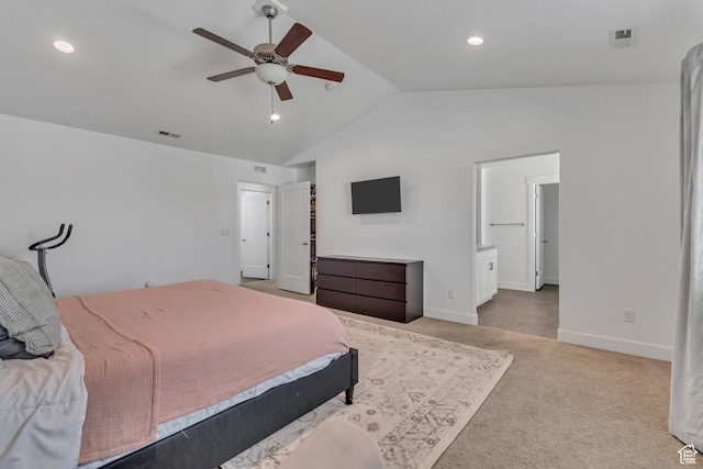 4913 E Golden Meadow Xing, Eagle Mountain, UT 84005 - bedroom featuring lofted ceiling, carpet floors, recessed lighting, ceiling fan, and ensuite bath