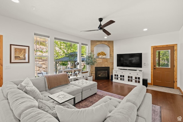 9116 Silver Lake Dr, Cedar Hills, UT 84062 - living area with plenty of natural light, ceiling fan, hardwood / wood-style floors, a tiled fireplace, and recessed lighting