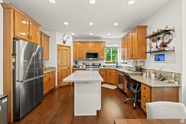 9116 Silver Lake Dr, Cedar Hills, UT 84062 - kitchen with appliances with stainless steel finishes, recessed lighting, light stone countertops, a kitchen island, and dark wood-style floors