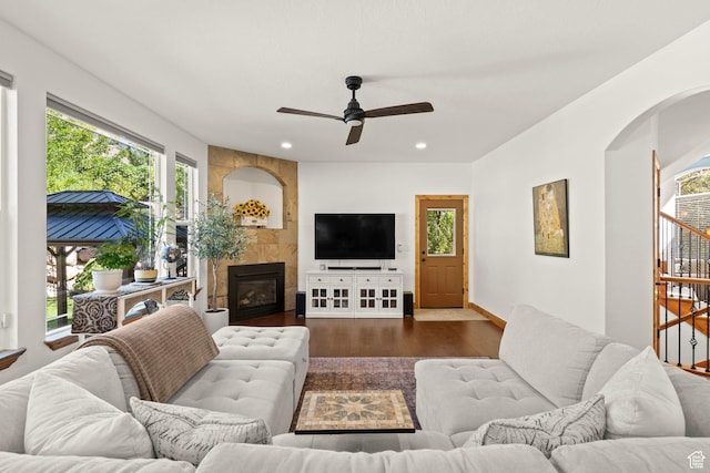 9116 Silver Lake Dr, Cedar Hills, UT 84062 - living room with dark wood-type flooring, healthy amount of natural light, ceiling fan, recessed lighting, and a fireplace
