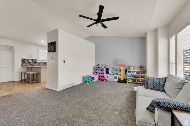1609 N 2275 W, Clinton, UT 84015 - recreation room featuring a ceiling fan, healthy amount of natural light, carpet, and lofted ceiling