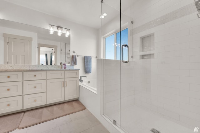2423 W Cedarline Loop, Stockton, UT 84071 - bathroom with vanity, a shower stall, a bath, and tile patterned flooring