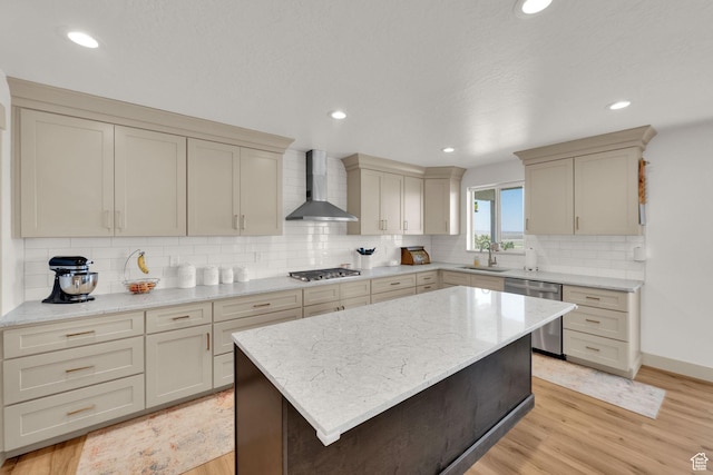 2423 W Cedarline Loop, Stockton, UT 84071 - kitchen featuring wall chimney exhaust hood, stainless steel appliances, light wood-style flooring, backsplash, and recessed lighting