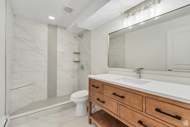 10741 S Topview Rd, South Jordan, UT 84095 - full bath featuring marble finish floors, vanity, walk in shower, a baseboard heating unit, and recessed lighting