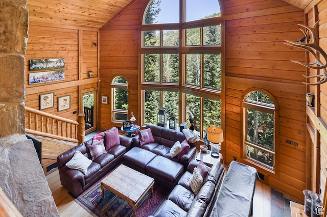 8581 Shingle Mill Dr, Oakley, UT 84055 - living room with wooden walls, hardwood / wood-style floors, high vaulted ceiling, and wood ceiling