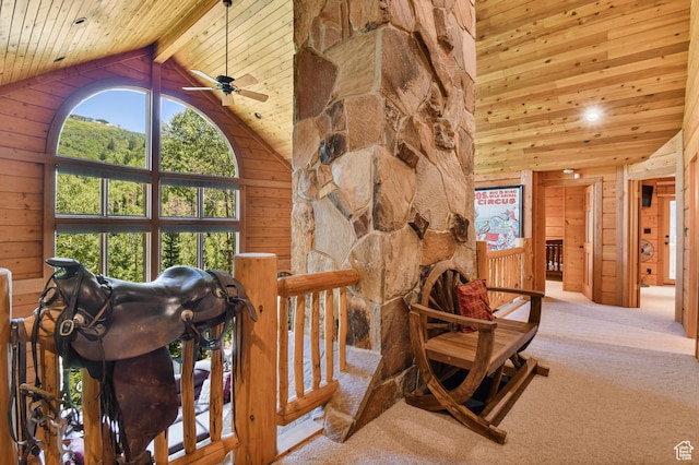 8581 Shingle Mill Dr, Oakley, UT 84055 - corridor with wooden ceiling, wooden walls, carpet, and an upstairs landing
