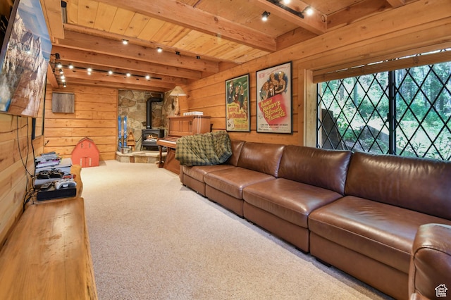 8581 Shingle Mill Dr, Oakley, UT 84055 - carpeted living room featuring wood walls, a wood stove, a wooden ceiling with exposed beams, and track lighting