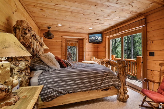 8581 Shingle Mill Dr, Oakley, UT 84055 - carpeted bedroom with wood ceiling, wooden walls, and recessed lighting